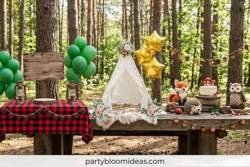 Camping birthday party color palette with forest green, plaid decor, lanterns, and woodland accents