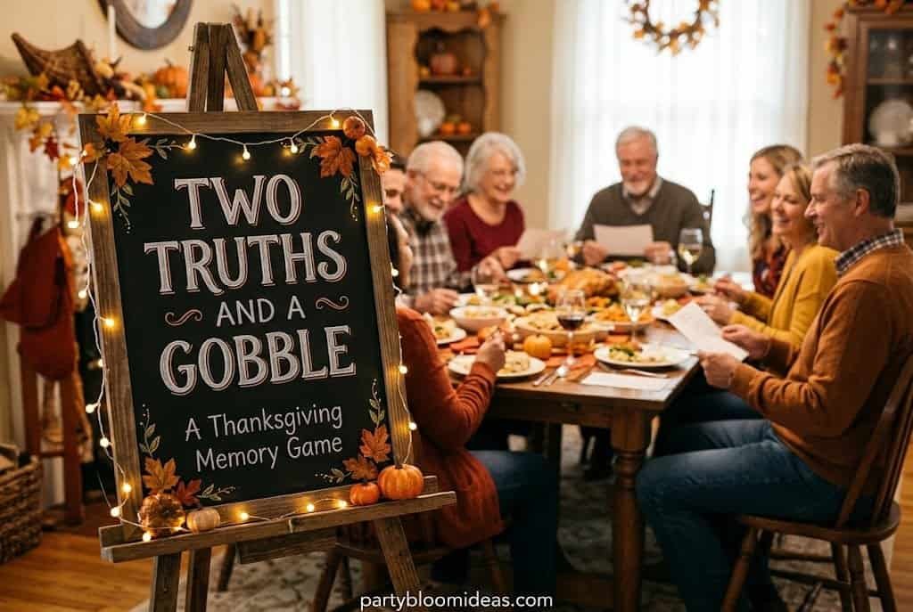 Adults laughing during a Thanksgiving storytelling game around the dinner table