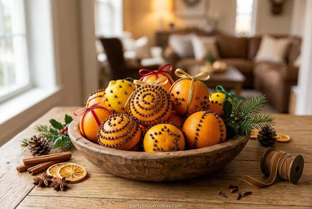 Citrus pomander balls — oranges studded with whole cloves — arranged in a wooden bowl