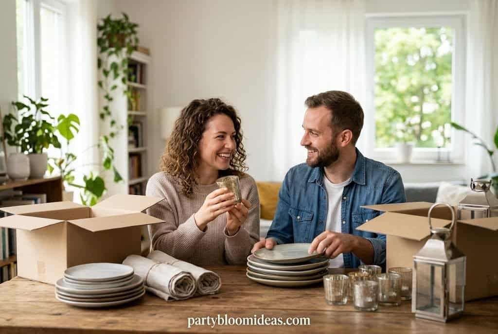 Secondhand wedding decor collection featuring thrifted candle holders, vintage vases, charger plates, and rustic reception accessories.