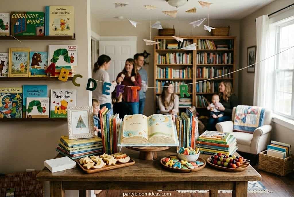 Kids' birthday party with books, decorations, and snacks in a cozy living room.