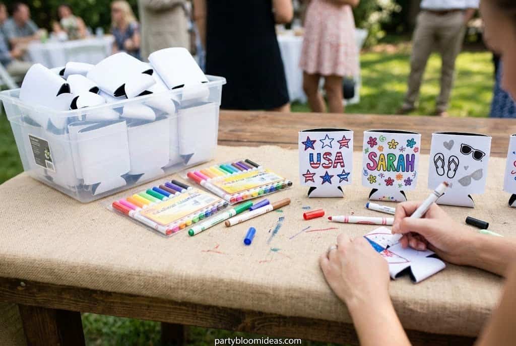 DIY decorating station with markers and blank koozies for guests to personalize