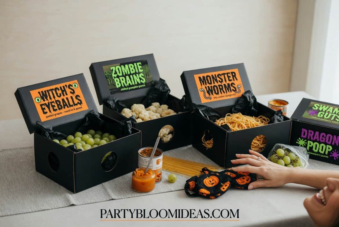 Blindfolded guests reaching into creepy Halloween sensory boxes labeled zombie brains and witch eyeballs at a party table.