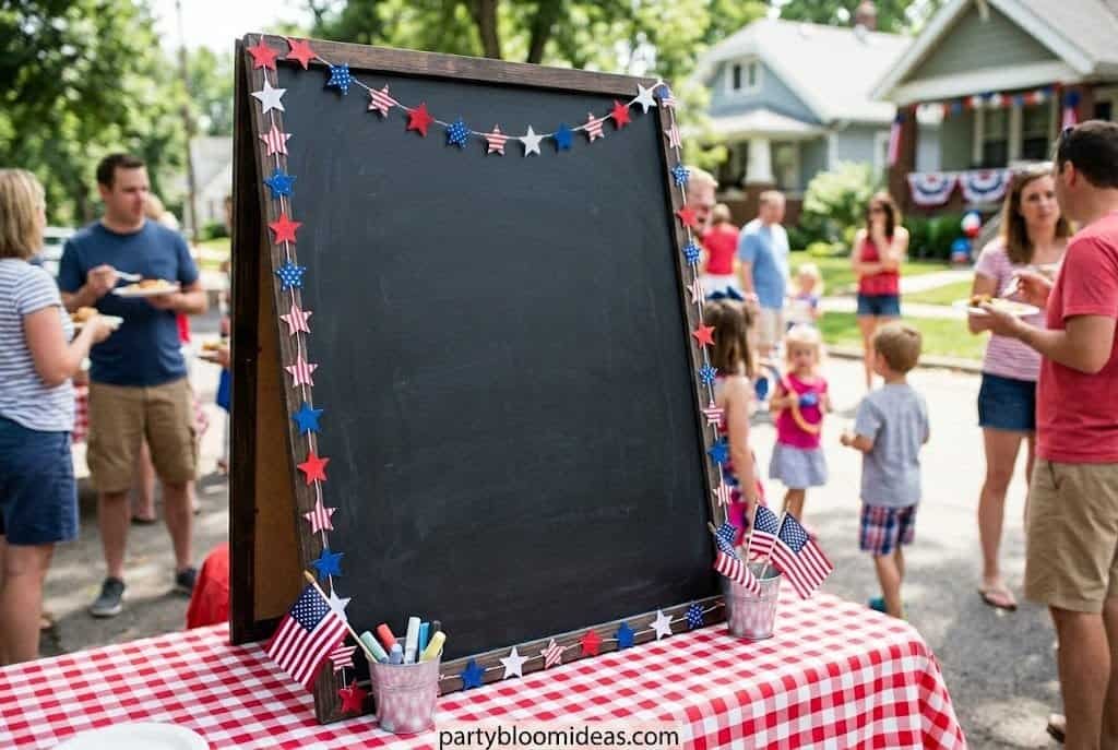 Chalkboard listing neighbor names and dishes for a shared potluck