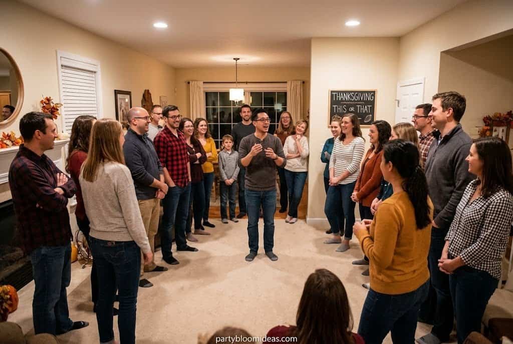 Guests standing on opposite sides of a living room during a Thanksgiving This or That party game