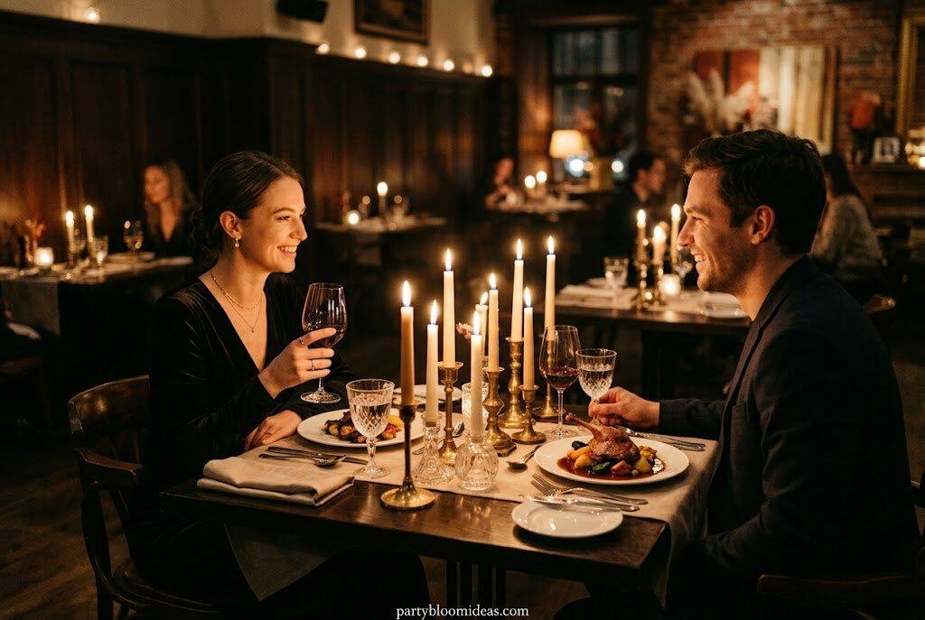 Candlelit Friendsgiving dinner setup with taper candles, warm lighting, cozy autumn atmosphere, and rustic decor friendsgiving Dinner Party Ideas