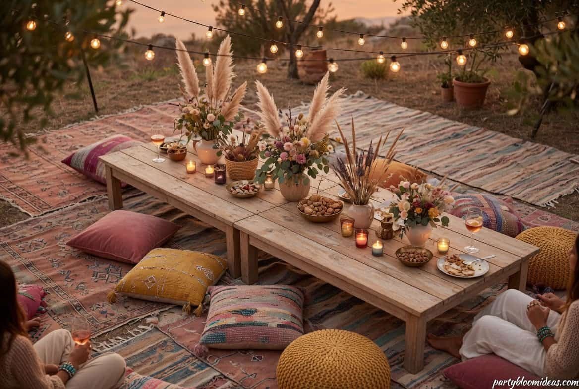 boho party theme inspiration board with relaxed earthy decor and aesthetic styling ideas