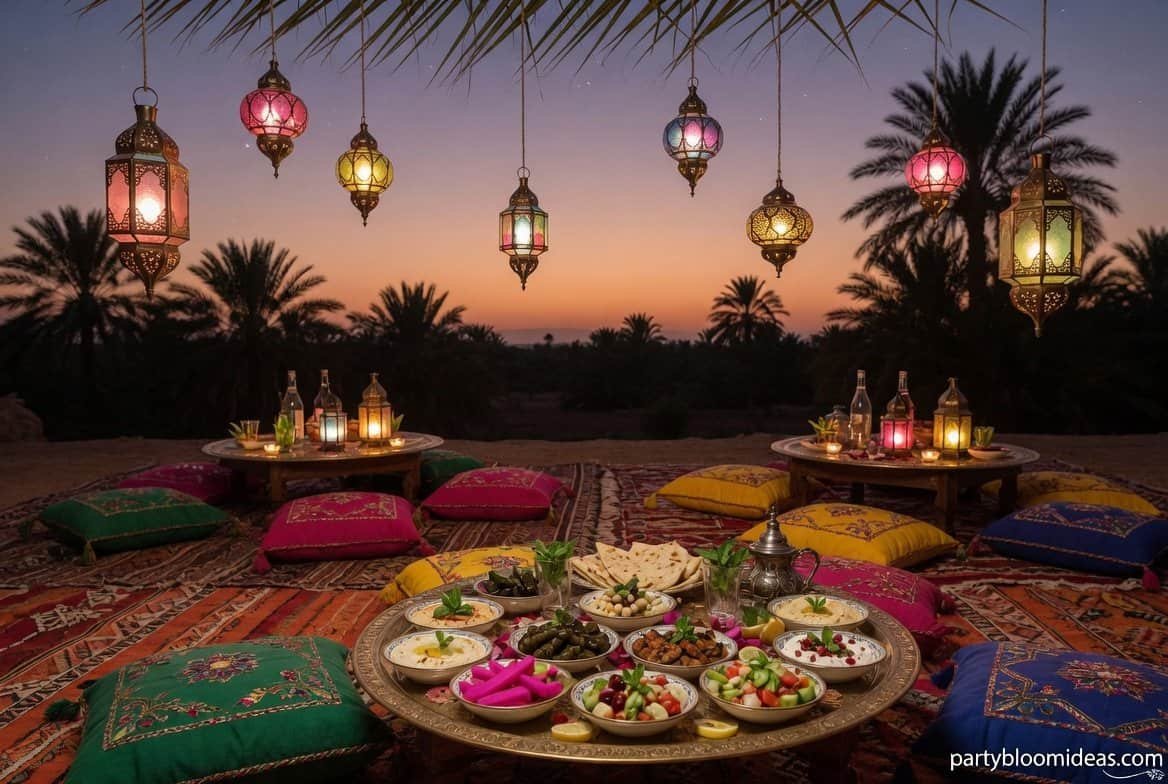 Moroccan oasis themed party setup with lanterns, warm tones, and exotic boho decor