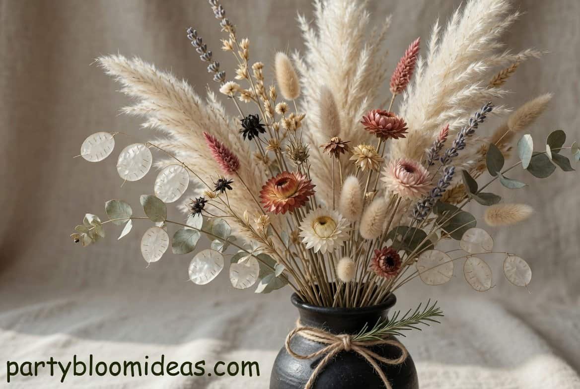 boho party decor featuring pampas grass and dried flowers in neutral earthy tones