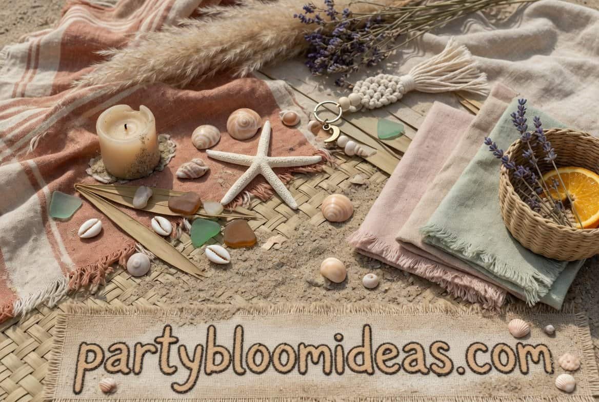 beach boho party setup with coastal decor, driftwood, and relaxed seaside vibe