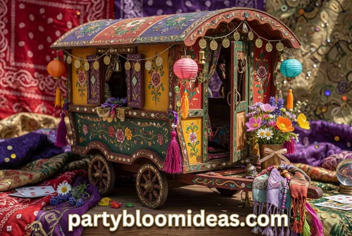 gypsy caravan inspired boho party with colorful fabrics, lanterns, and vintage styling