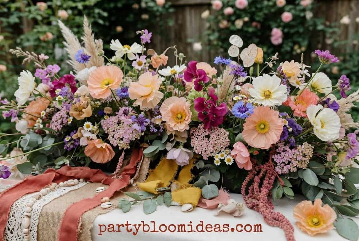 cottage garden boho party decorated with wildflowers, greenery, and rustic charm