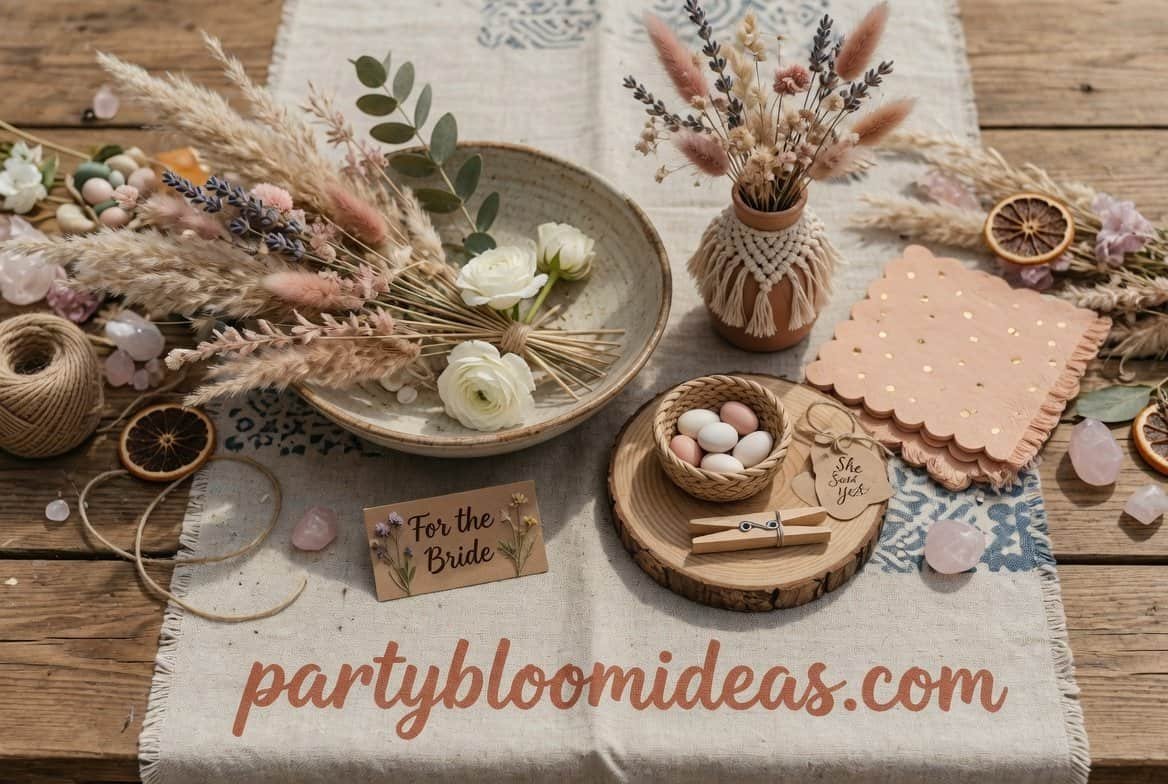 rustic boho bridal shower with wooden accents, pampas grass, and elegant earthy decor