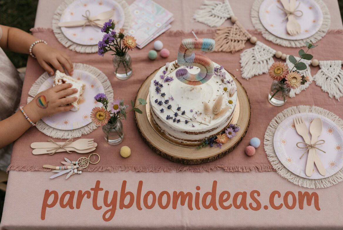 kids boho birthday party setup with playful earthy decor and whimsical natural elements