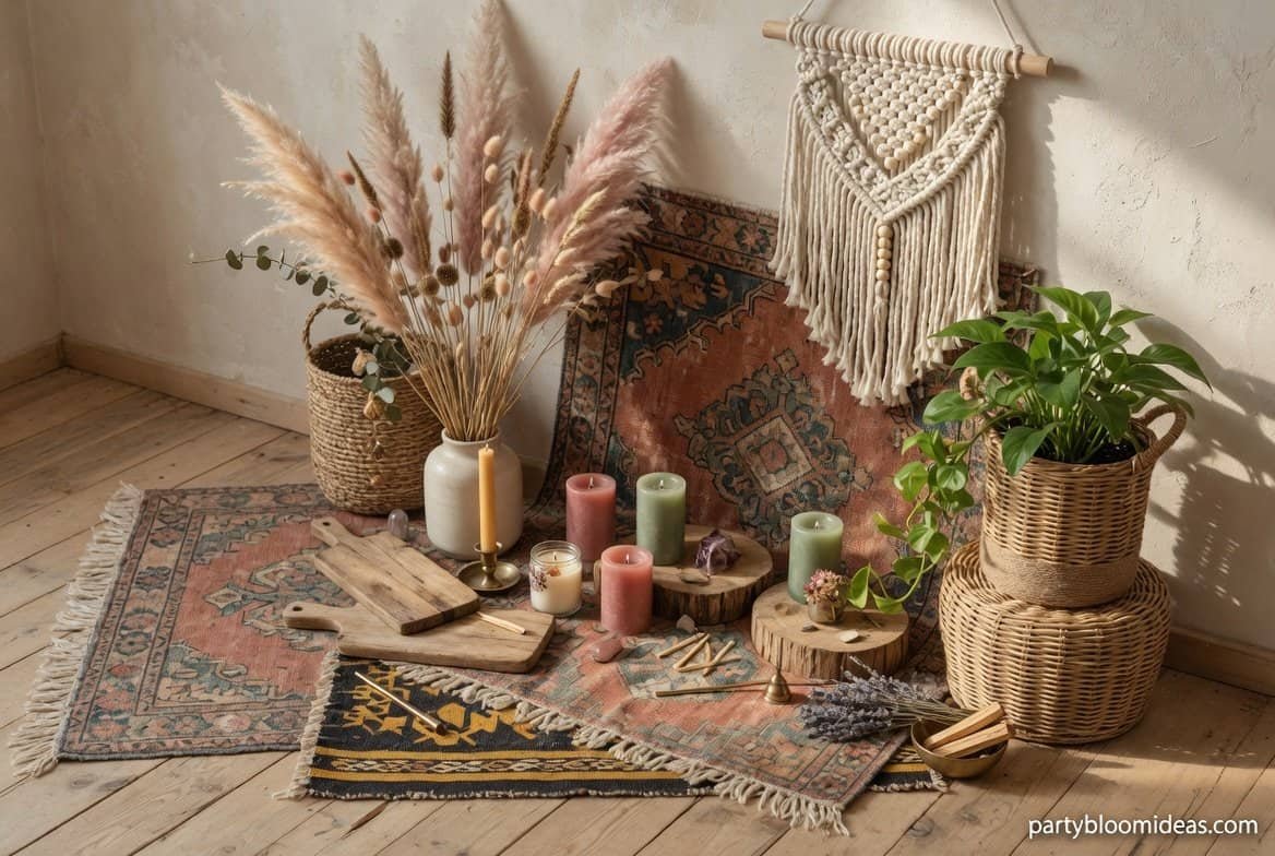 boho celebration decorated with macrame hangings and soft neutral textured accents