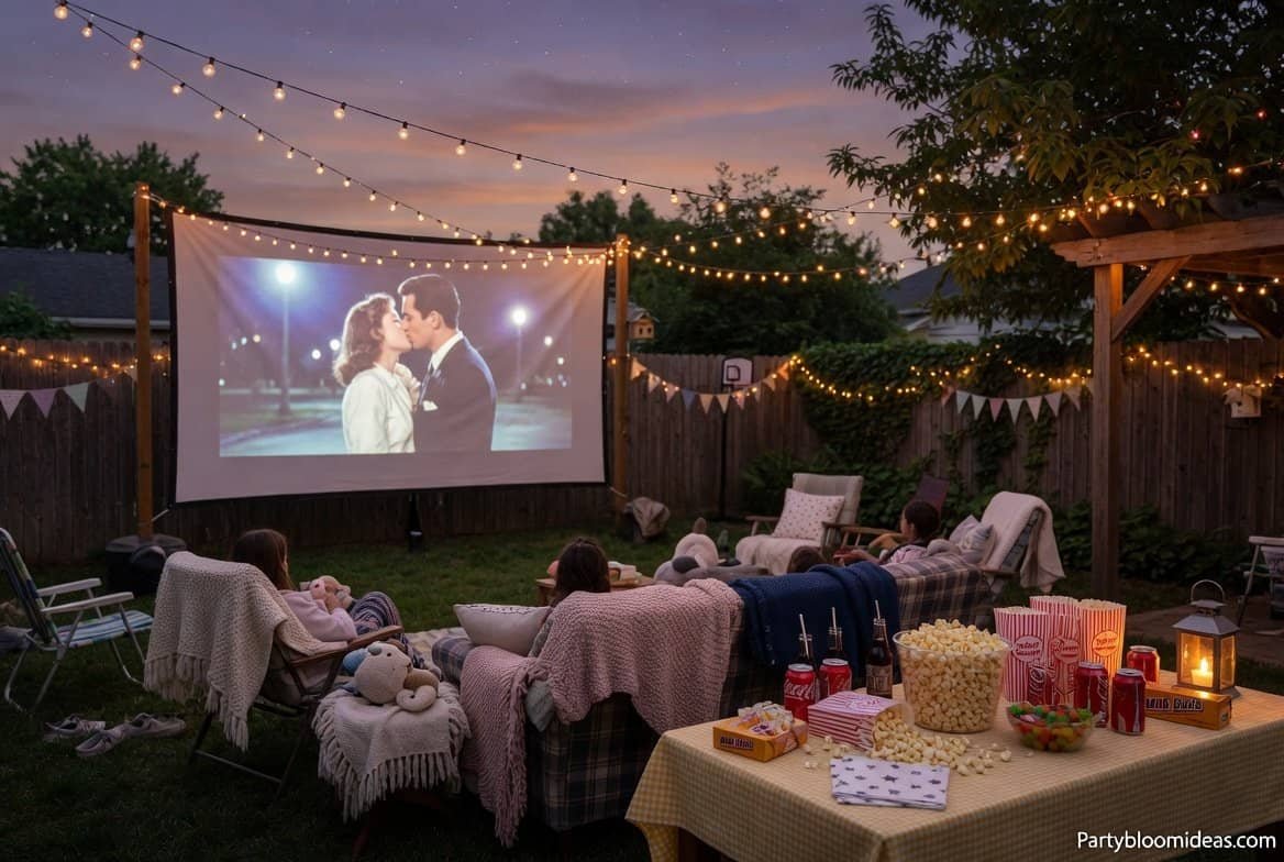 Outdoor movie night setup with projector screen, string lights, and cozy seating in a backyard cinema