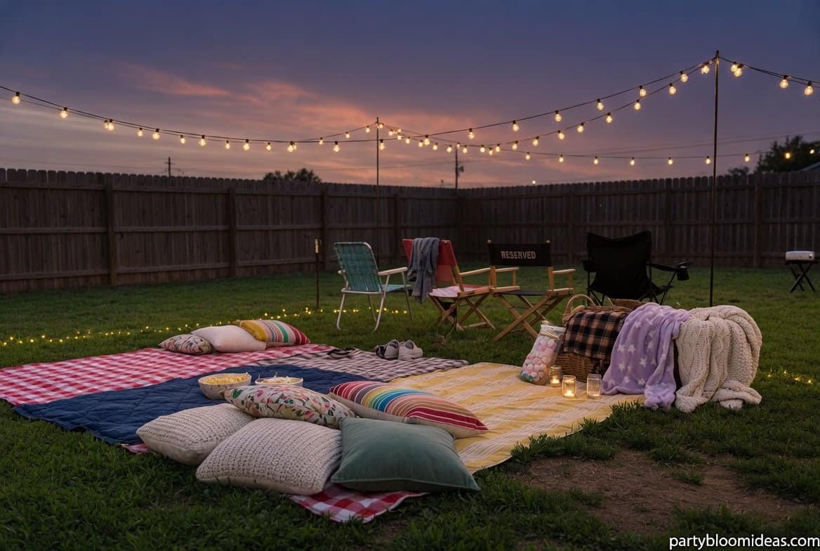 Comfortable outdoor seating arrangement for backyard movie night