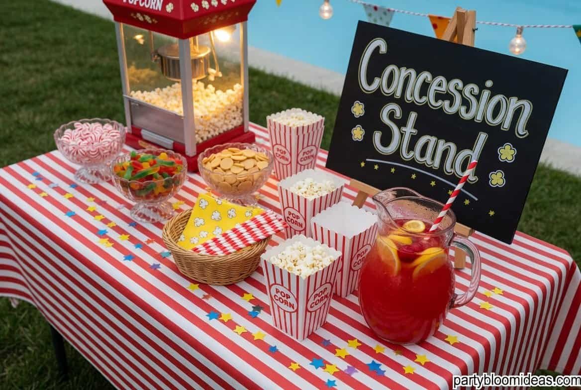 Snack station with popcorn and drinks for outdoor movie night