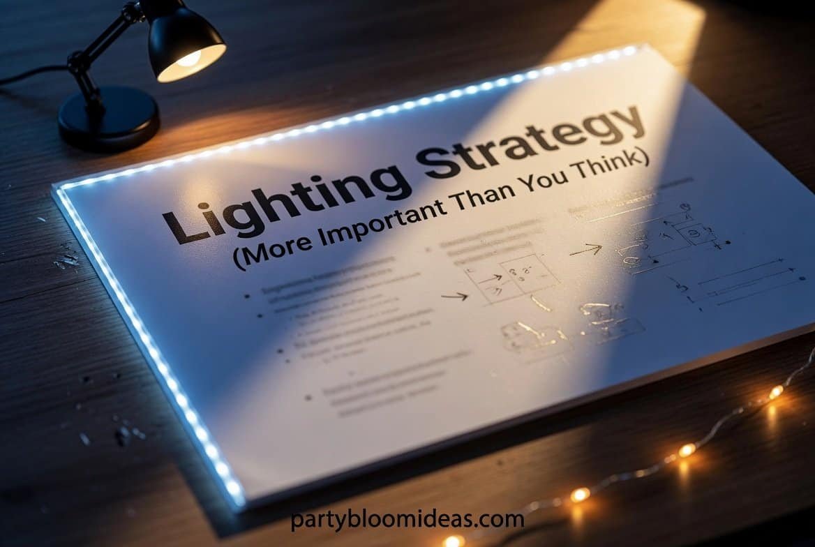 Ambient string lights and outdoor lighting setup for movie night