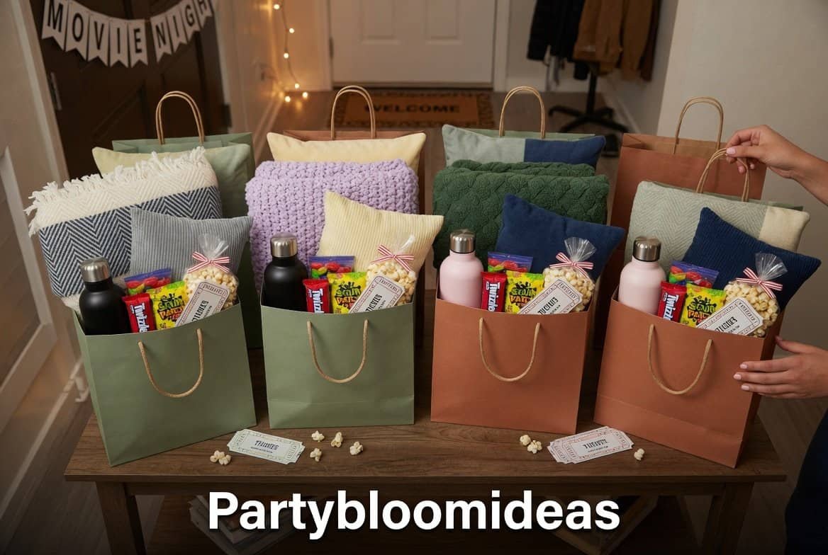 Decorative lights and cinema-themed backyard movie night decor