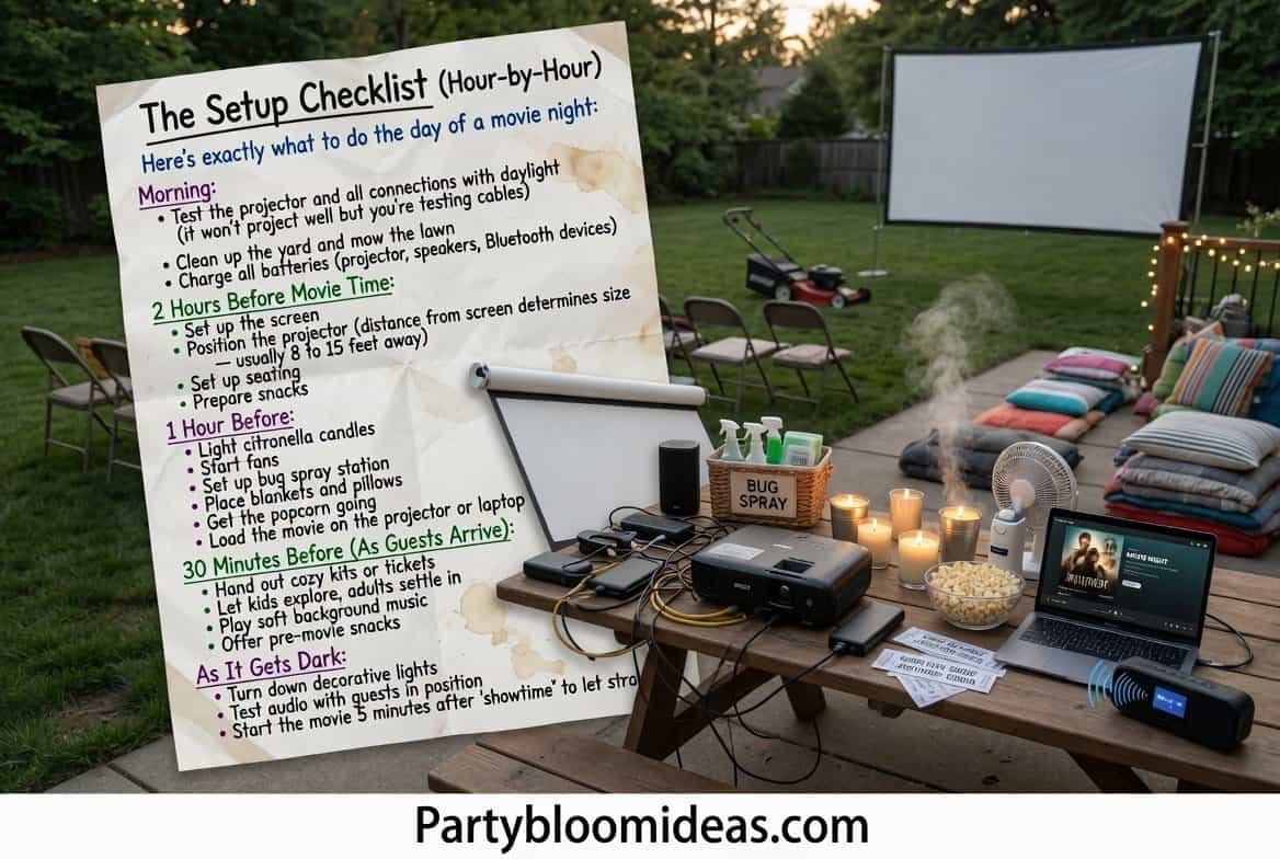 Hour by hour setup checklist for backyard movie night Outdoor Movie Night Ideas