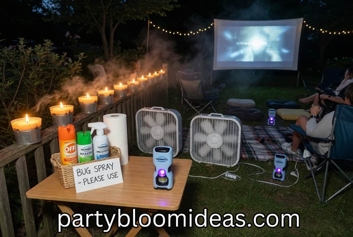 Bug repellent setup with citronella candles for outdoor movie night