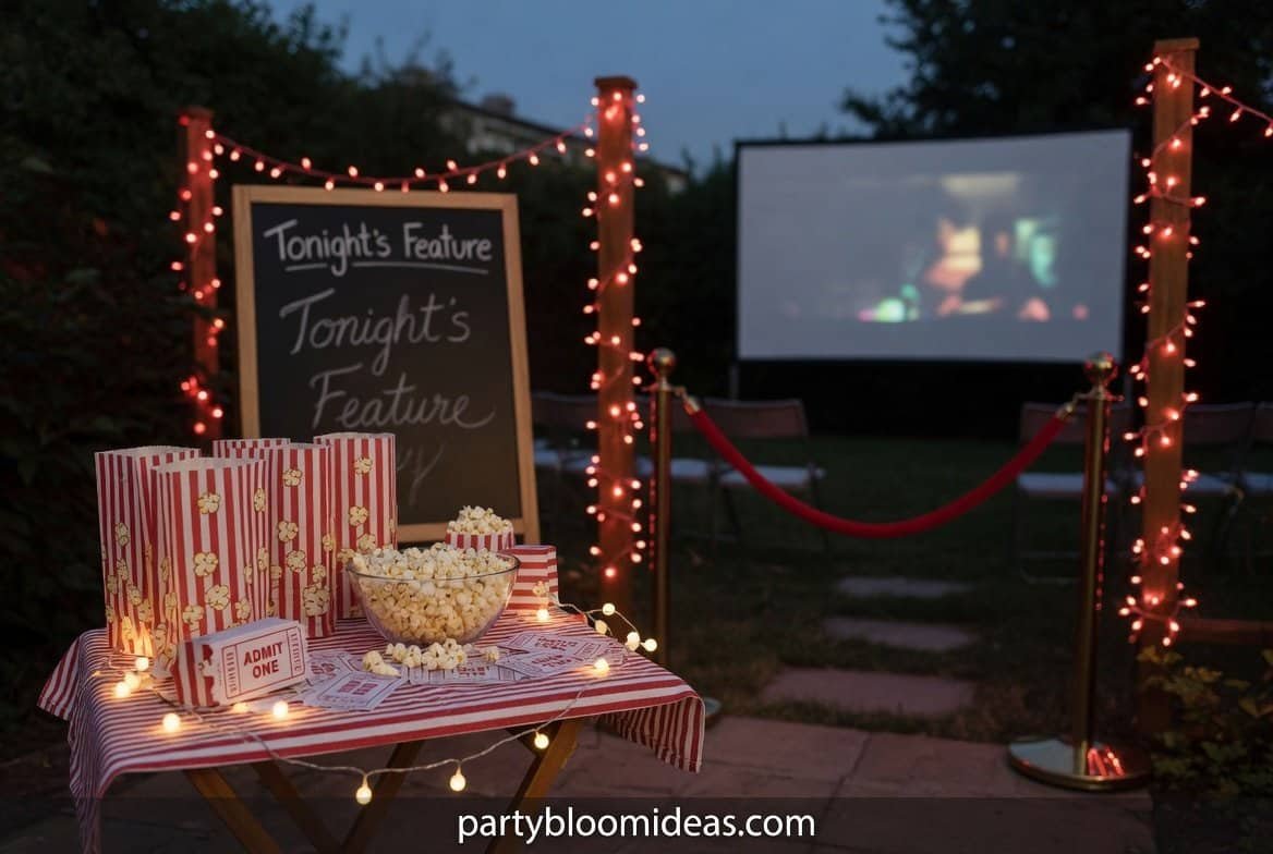 Decorative lights and cinema-themed backyard movie night decor