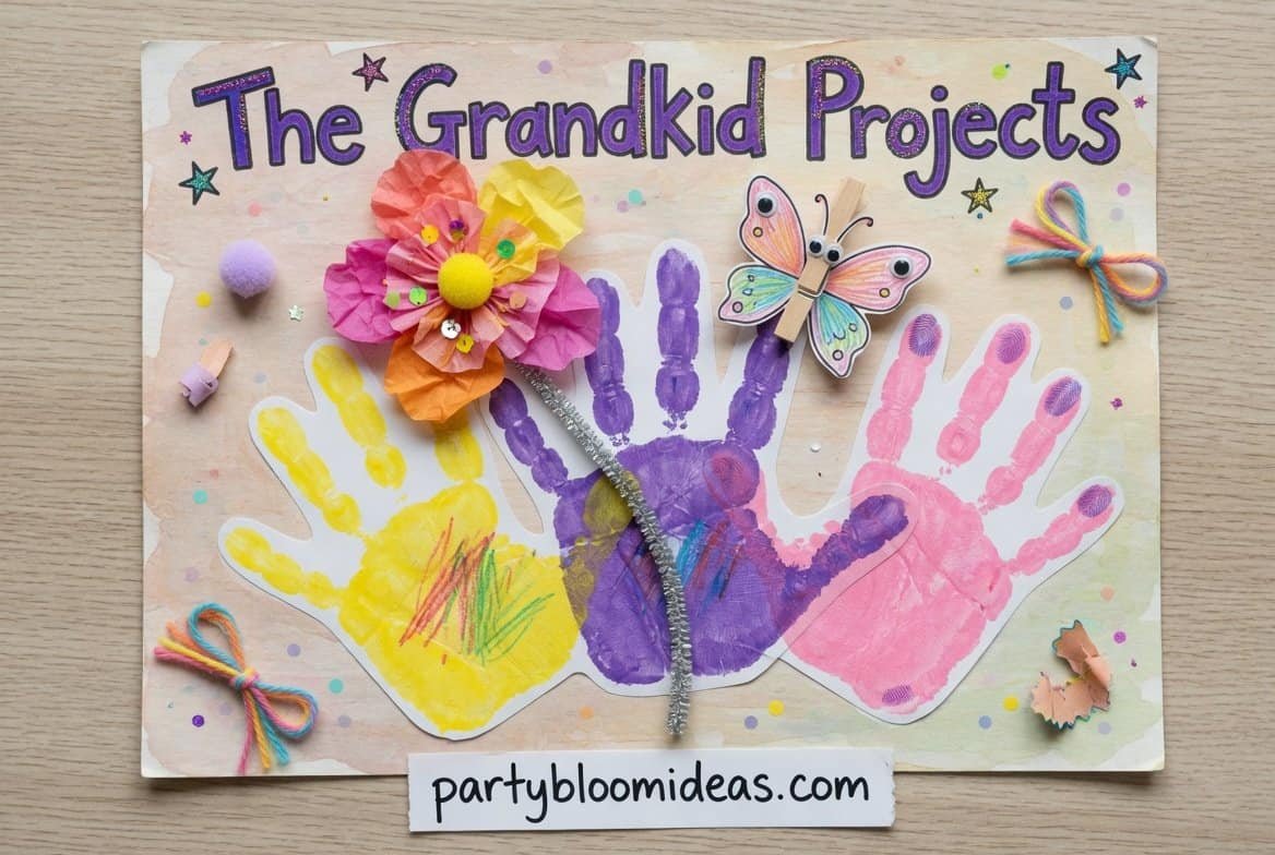 Colorful handprint craft with butterflies and flowers for Father’s Day gift ideas.