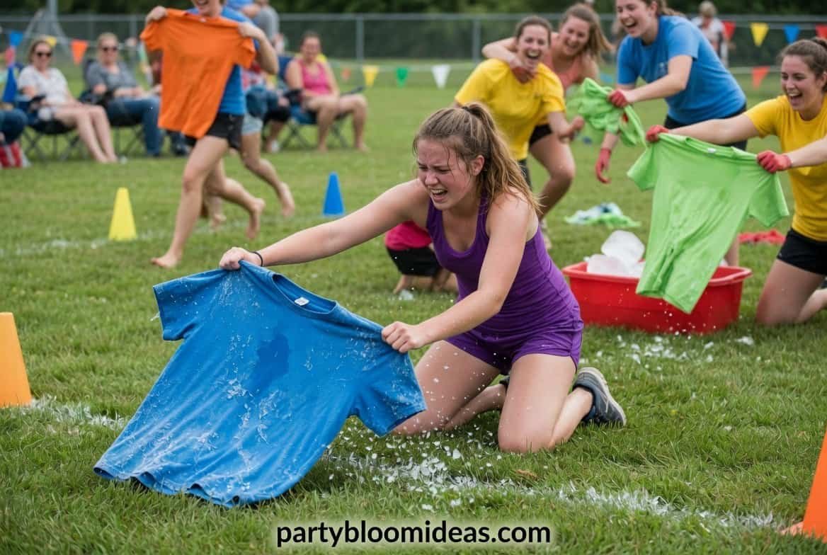 Kids playing water relay game with wet T-shirts outdoors.