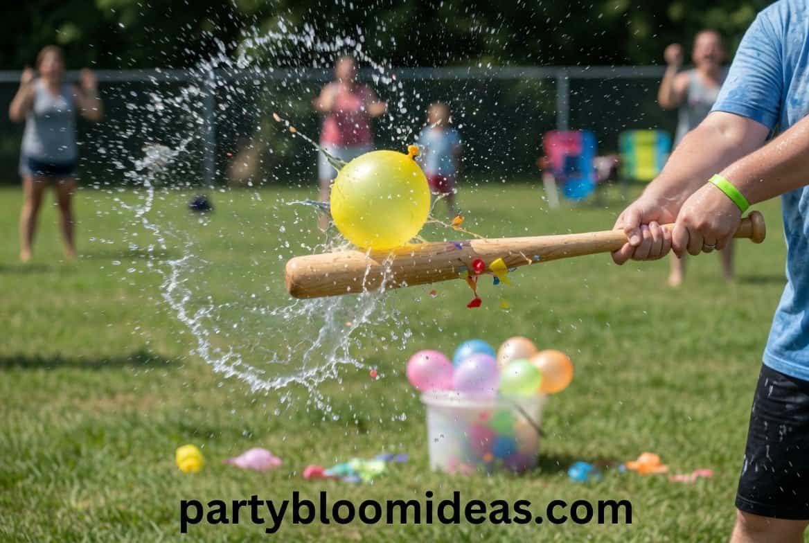 Outdoor water game with a yellow ball and stick for kids and adults.