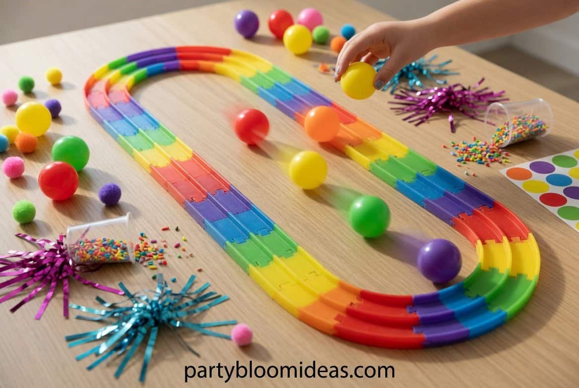 Bright water game set with colorful balls and tracks for outdoor party entertainment.
