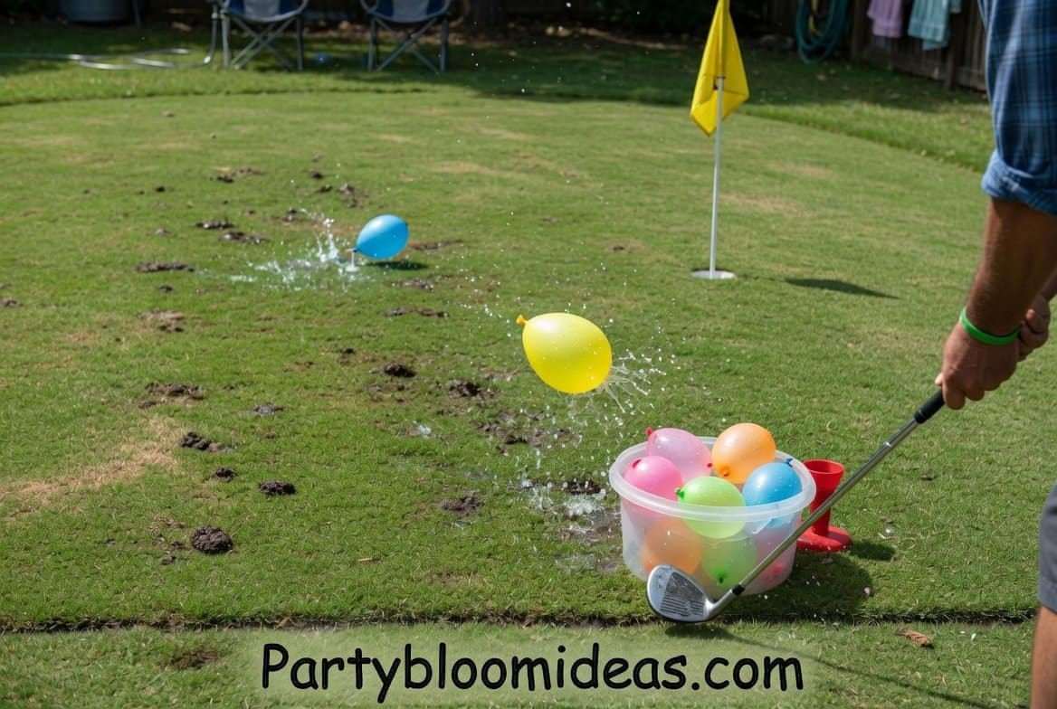 Kids playing water balloon toss outdoors during a fun backyard party.