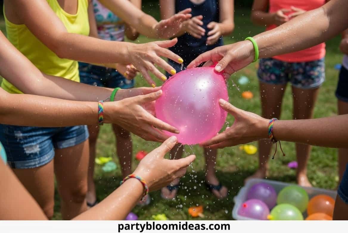 Outdoor water balloon game for kids at summer parties, no pool needed, perfect for fun outdoor water.