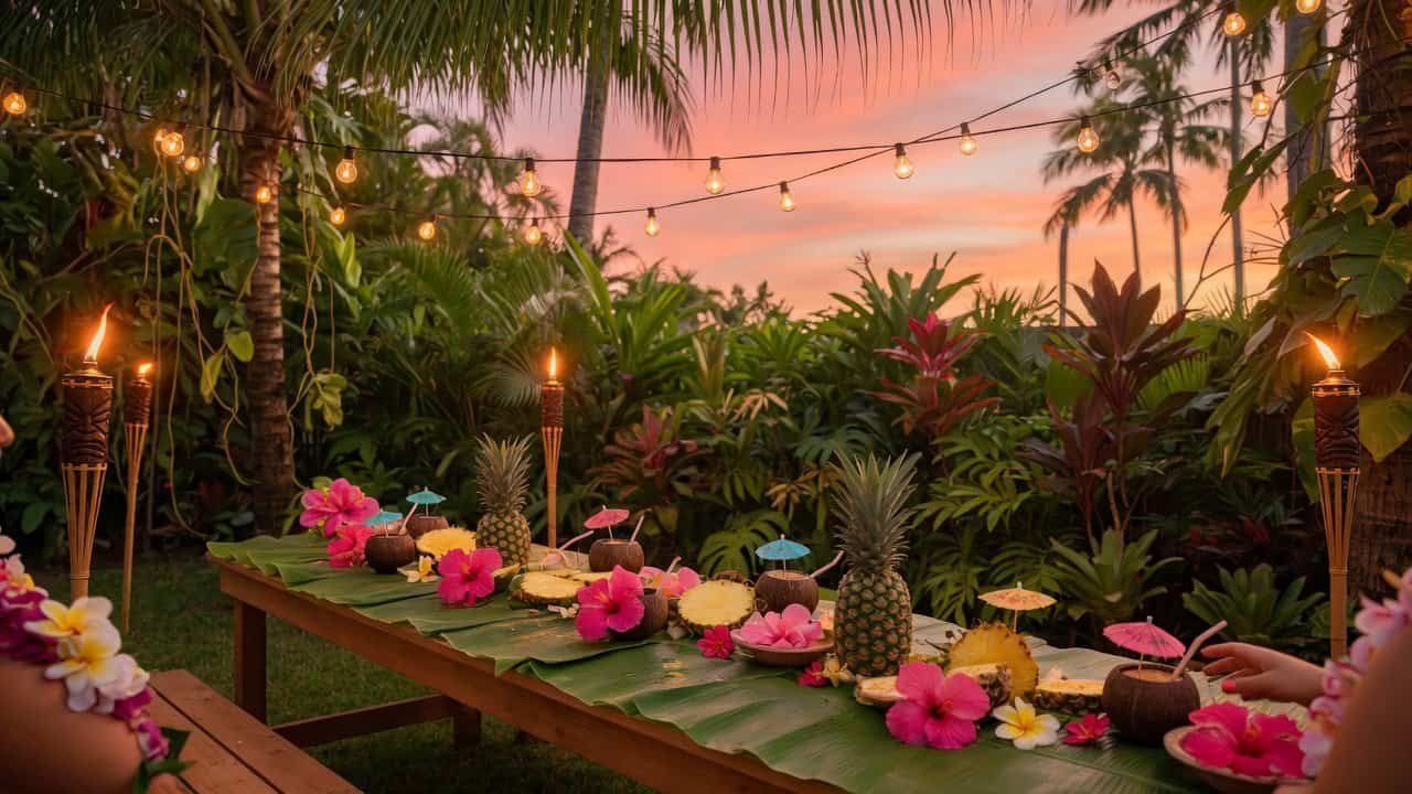 Dreamy tropical backyard luau party at sunset with tiki torches, string lights, banana leaf table decor, pineapples, and hibiscus flowers
