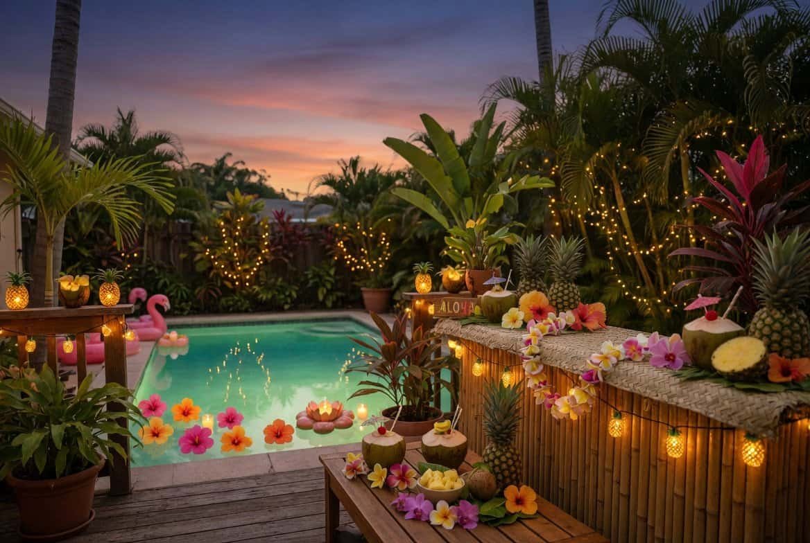 Backyard patio decorated for a luau party with bamboo tiki bar, fairy lights, tropical plants, and pool with floating flowers