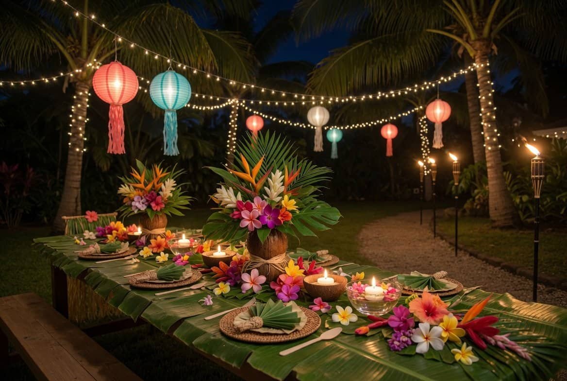 Guests playing limbo and hula hoop games at a fun tropical backyard party