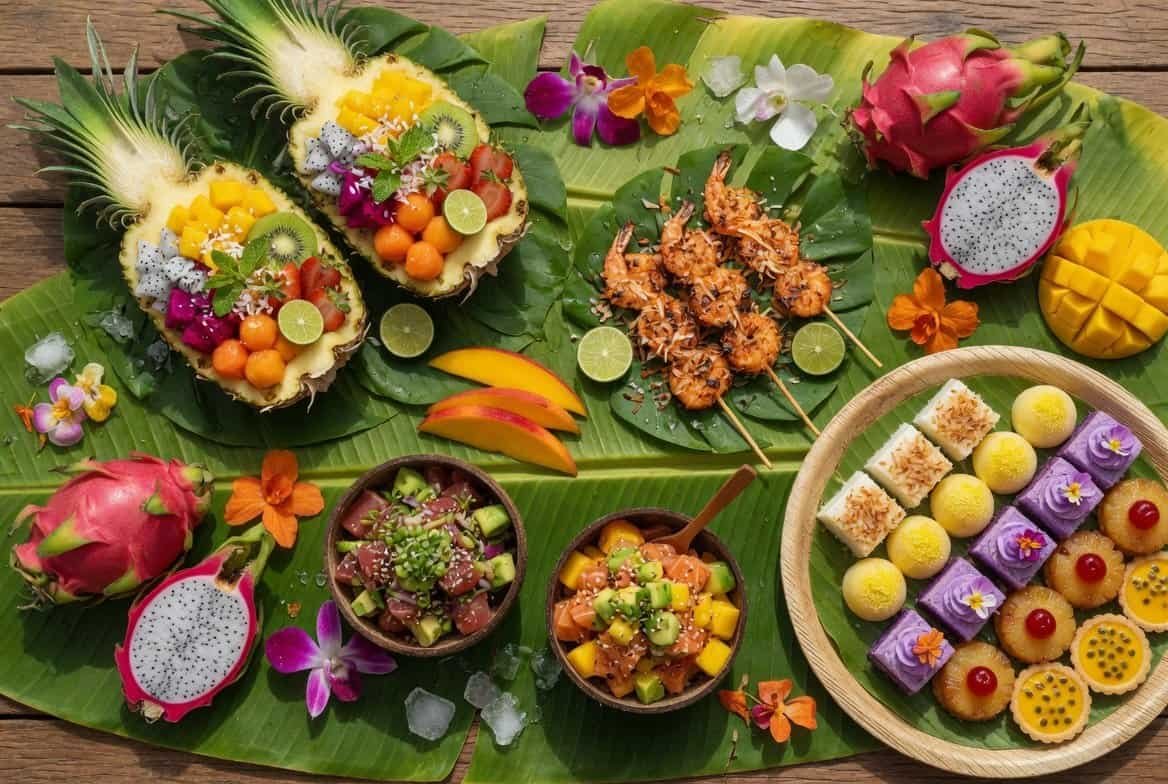 Tropical food spread with pineapple, coconut shrimp, poke bowls, and fresh fruit platter on wooden table