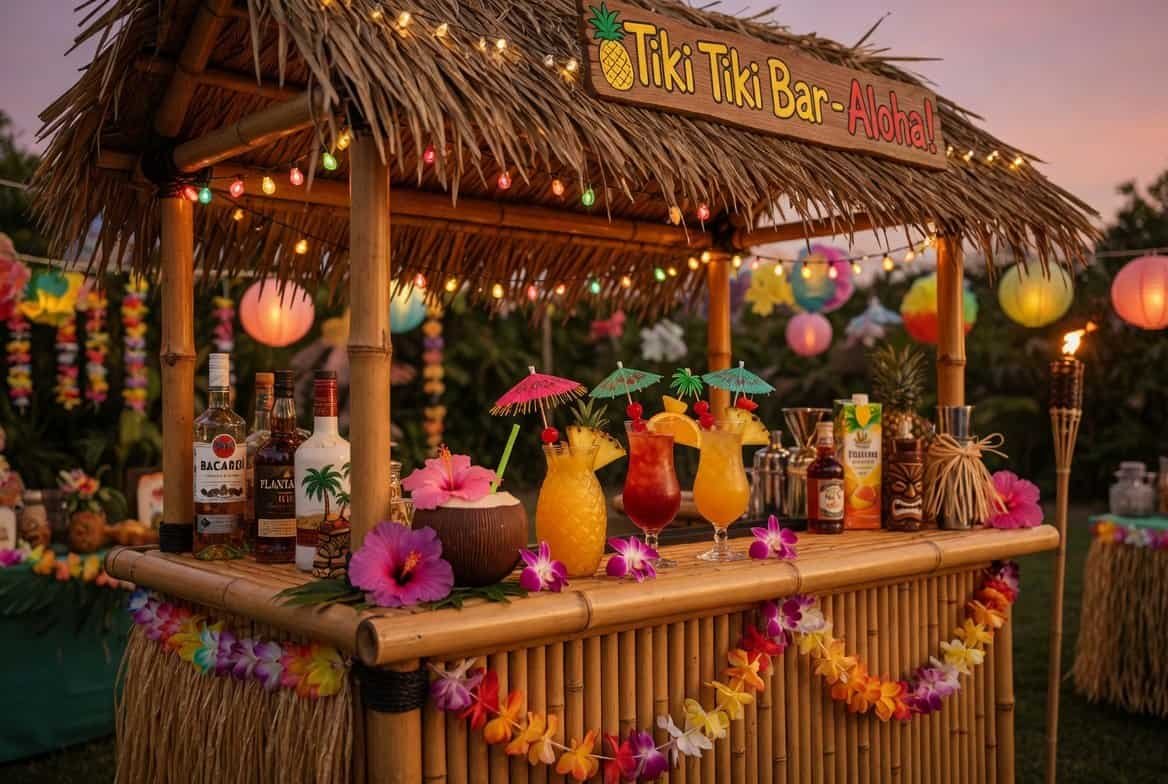 Tiki bar with colorful cocktails, coconut cups, pineapple drinks, and tropical garnishes