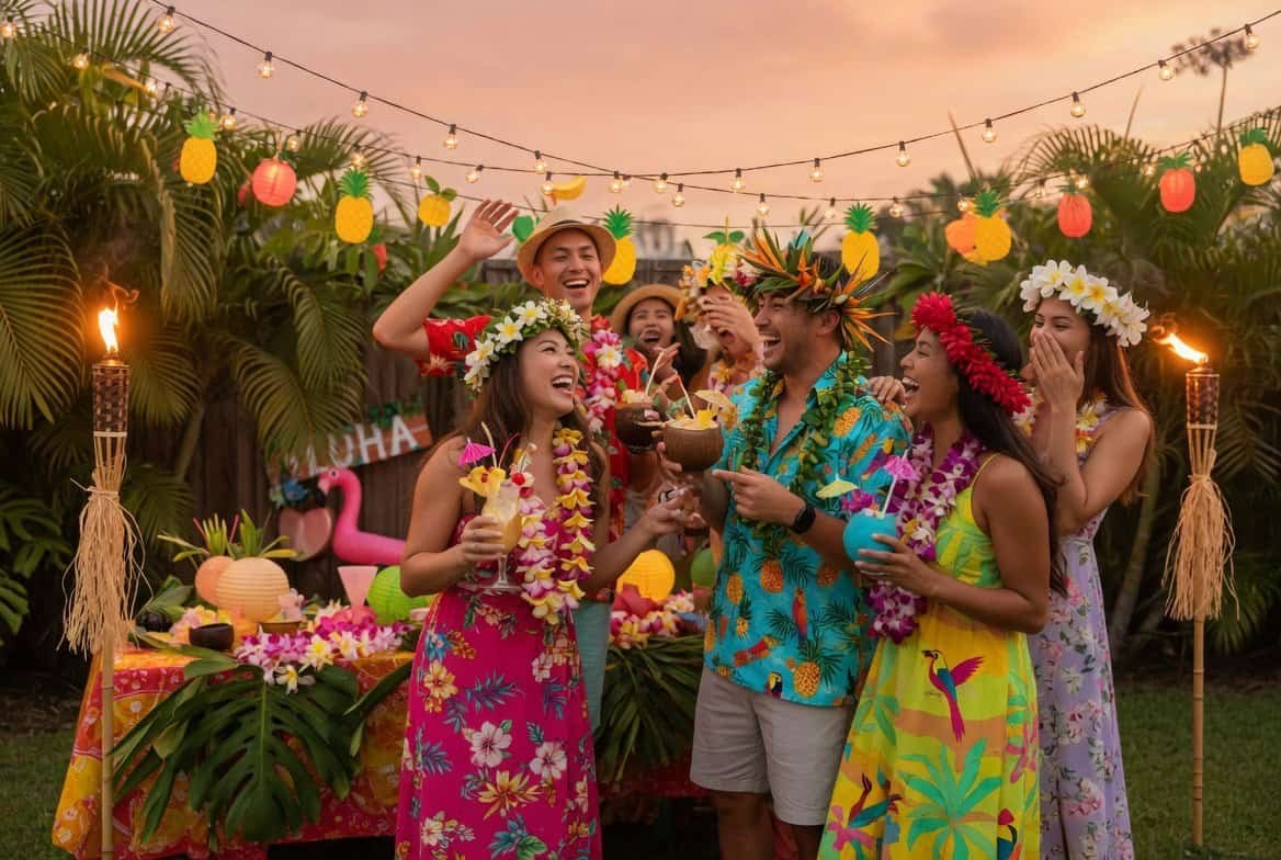Guests wearing Hawaiian shirts, floral dresses, leis, and tropical accessories at a luau party