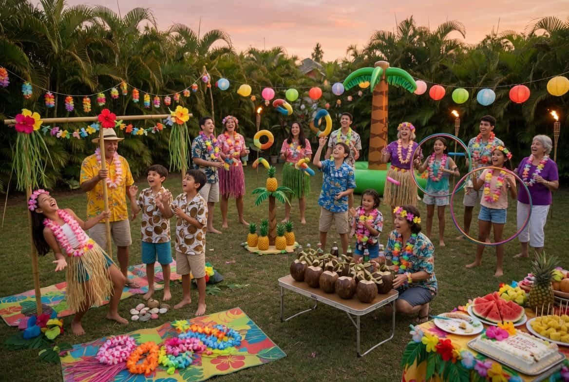 Nighttime luau party with glowing tiki torches, string lights, lanterns, and cozy tropical ambiance