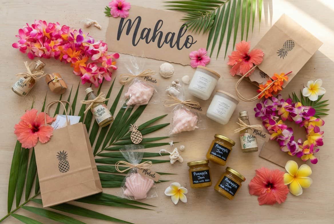 Tropical party favors including mini jars, candles, leis, and decorated gift bags on a table