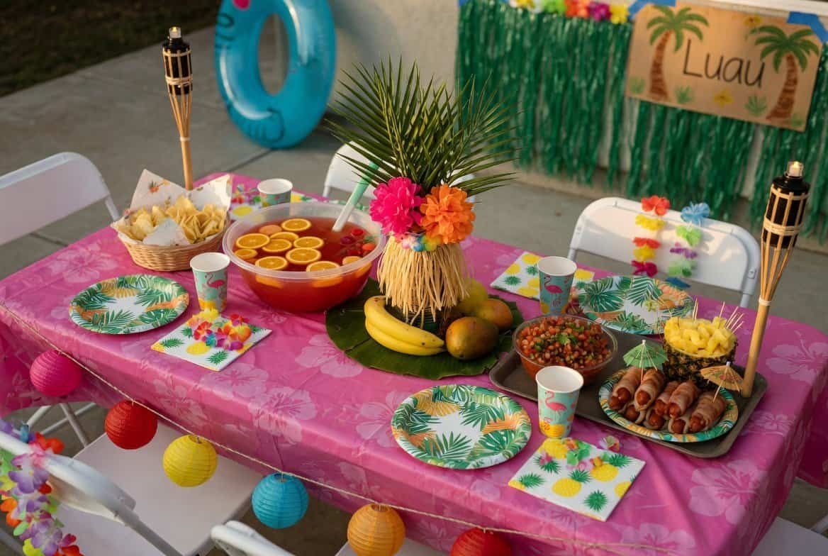 DIY tropical party decorations with paper flowers, fruits, and affordable luau setup ideas