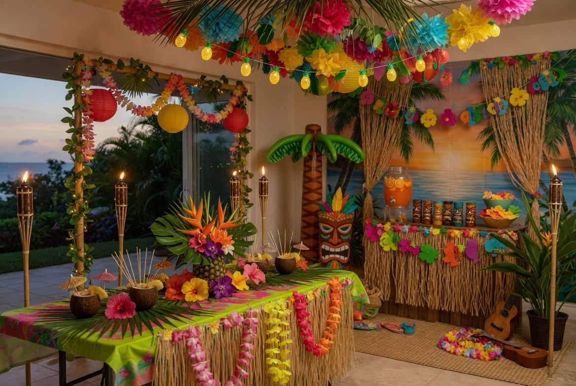 Tropical party decorations with palm leaves, hibiscus flowers, bamboo elements, and colorful island theme setup