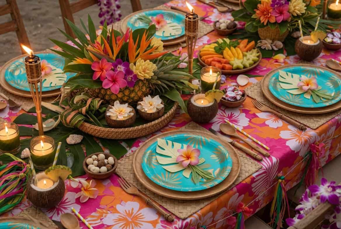 Luau table with banana leaves, pineapple centerpieces, tropical flowers, and wooden serving dishes