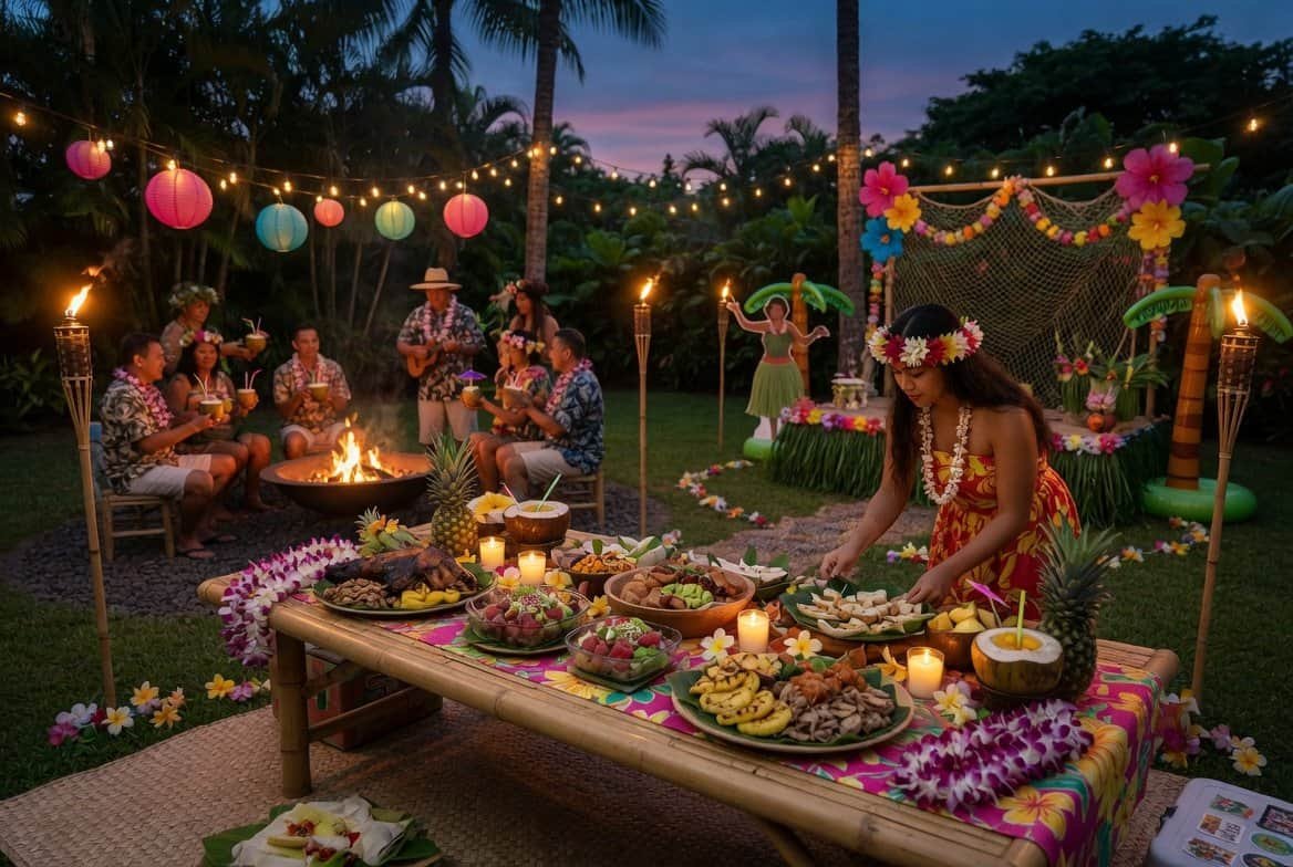 Host welcoming guests with leis and drinks at a well-organized tropical Tropical Luau Party Ideas