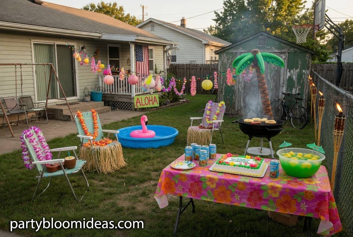 Beautiful backyard tropical luau party at sunset with banana leaf tables, tiki torches, string lights, and pineapple centerpieces