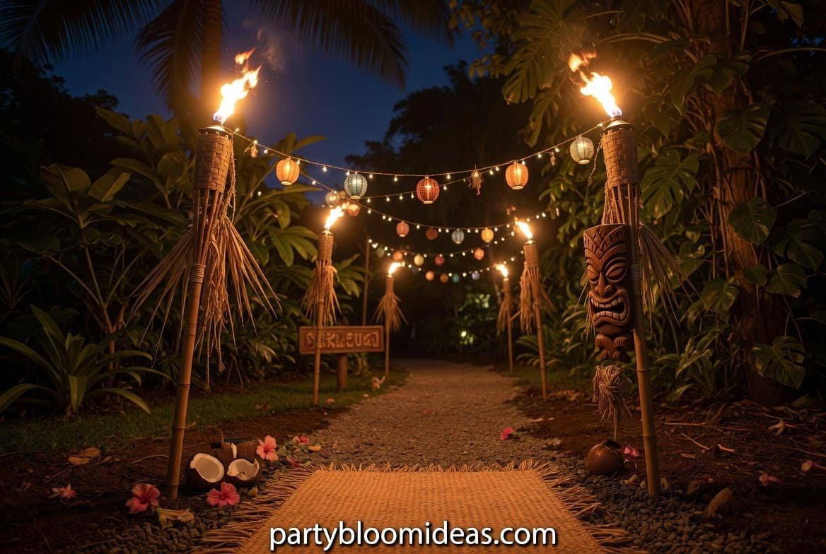 Backyard luau entrance lined with bamboo tiki torches and glowing citronella lights at night