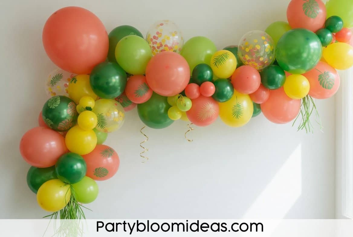 Coral green and yellow tropical balloon garland with palm leaves for a summer luau party backdrop