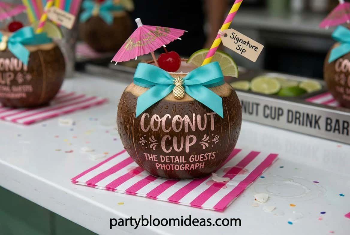 Tropical coconut cup drink station with pineapple punch, paper umbrellas, bamboo straws, and island decor