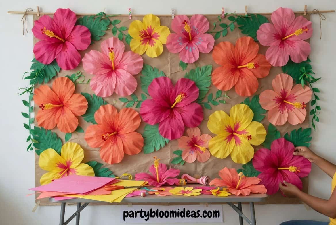 DIY hibiscus flower photo backdrop with tropical silk flowers and aloha balloon letters for a luau party